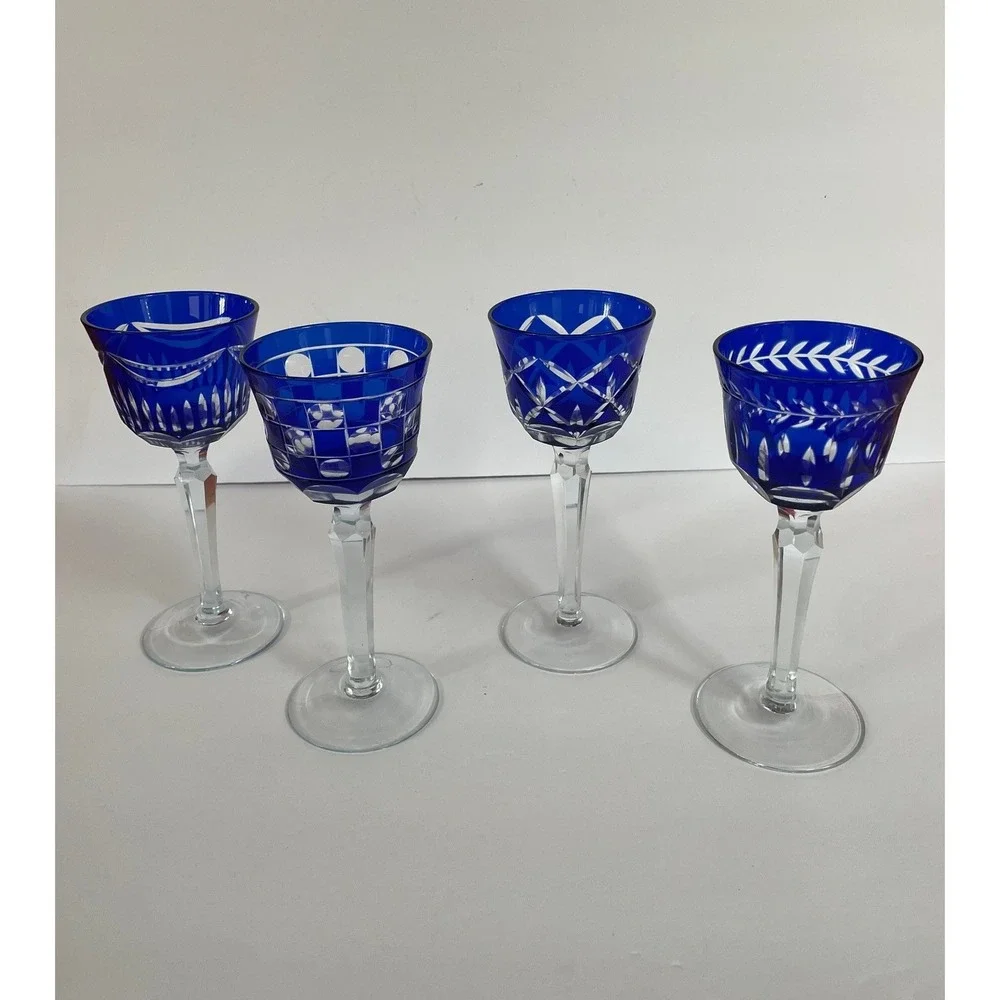 Mixed Geometric Pattern Crystal Hock Cordial Stemware Hand Blown Czech Glass, 4